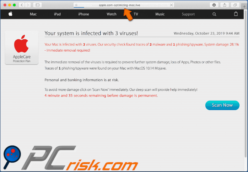 Appearance of apple.com-optimizing-mac[.]live scam (GIF)