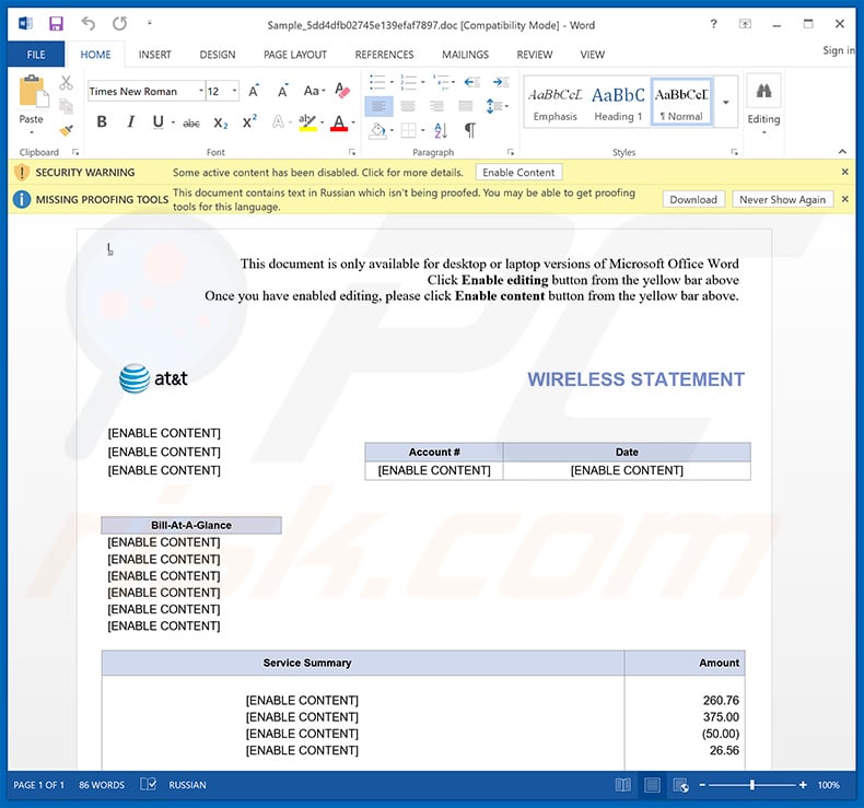 AT&T Email spam campaign spreading a malicious Microsoft Word attachment used to distribute Maze ransomware