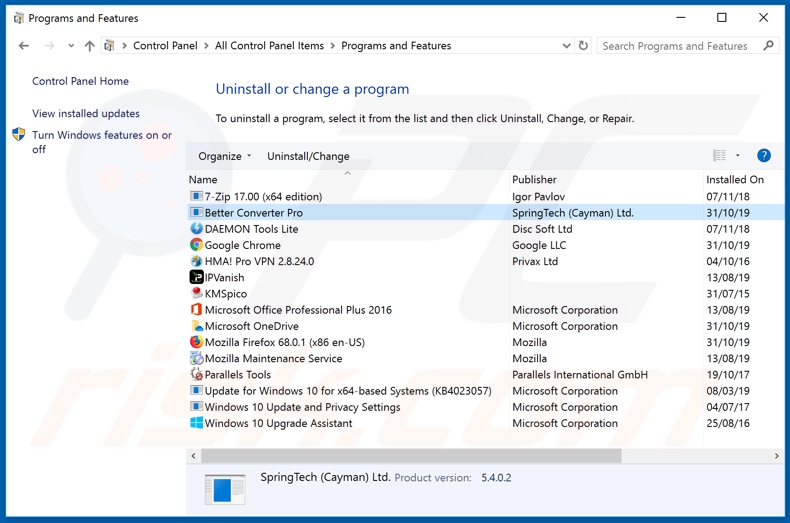 search.betterconverterprotab.com browser hijacker uninstall via Control Panel