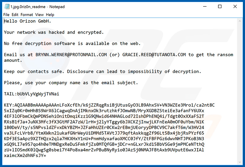 BitPaymer ransomware targetting Orizon GmbH company (ransom note)