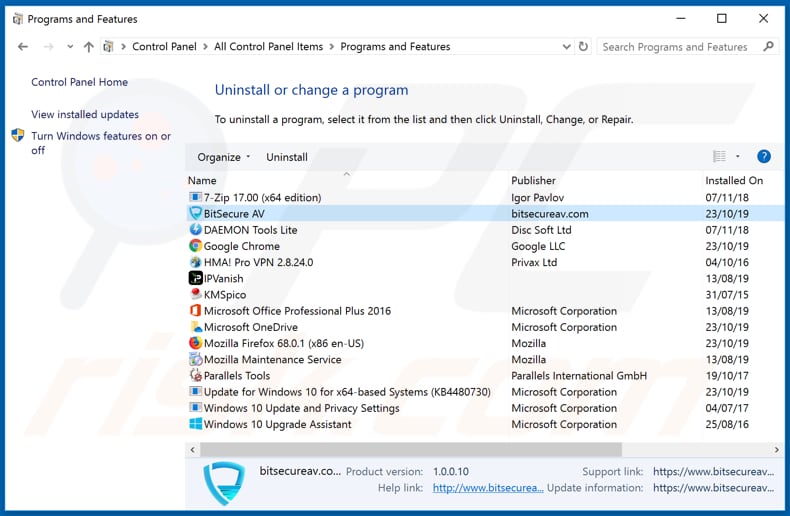 BitSecure AV adware uninstall via Control Panel