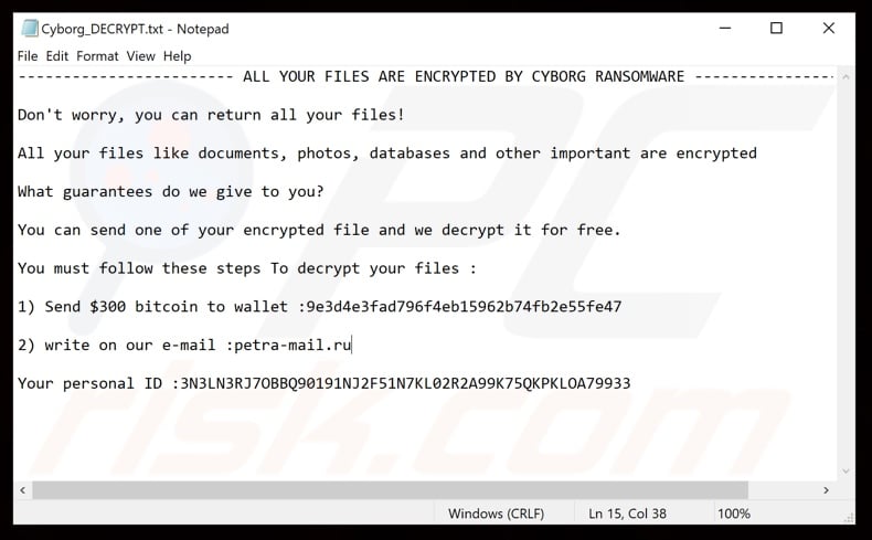 CYBORG ransomware ransom note (Cyborg_DECRYPT.txt)