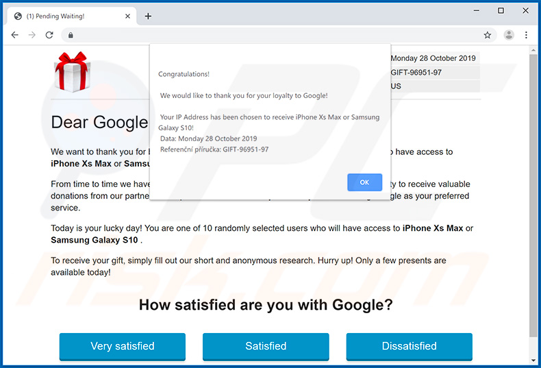Dear Google User, Congratulations! pop-up scam