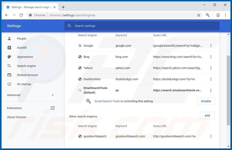 Removing search.emailsearchtools.com from Google Chrome default search engine