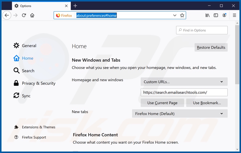 Removing search.emailsearchtools.com from Mozilla Firefox homepage