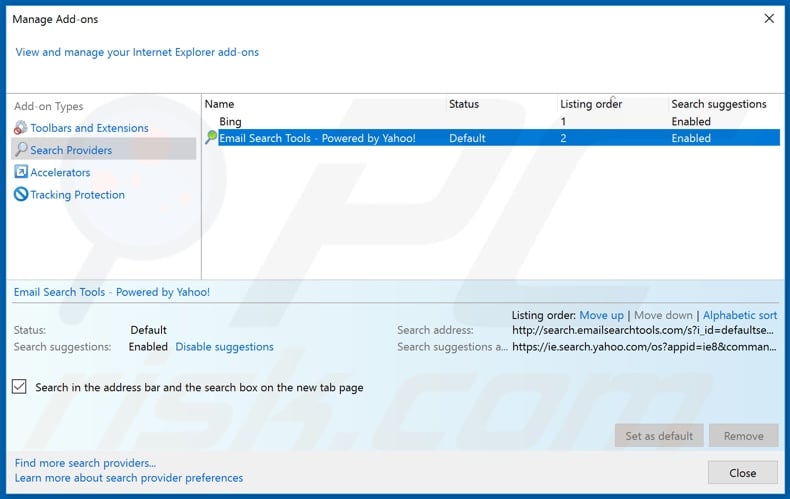 Removing search.emailsearchtools.com from Internet Explorer default search engine