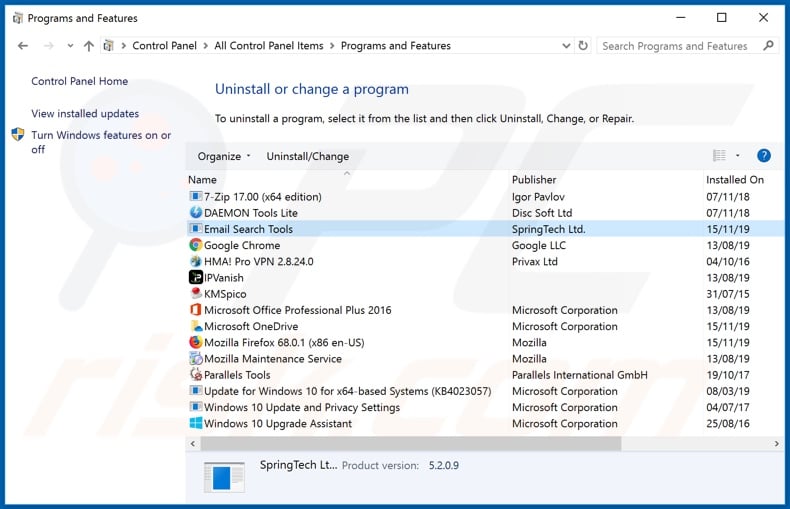search.emailsearchtools.com browser hijacker uninstall via Control Panel