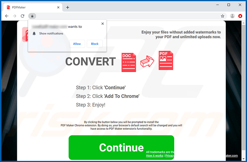 PDF Maker browser hijacker promoting website
