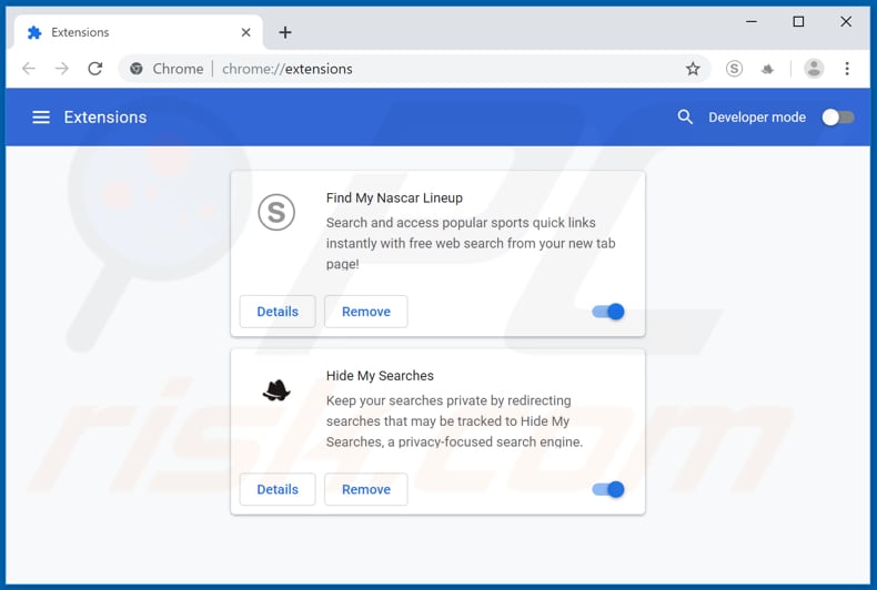 Removing search.findmynascarlineuptab.com related Google Chrome extensions
