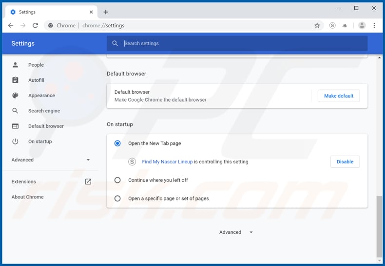 Removing search.findmynascarlineuptab.com from Google Chrome homepage