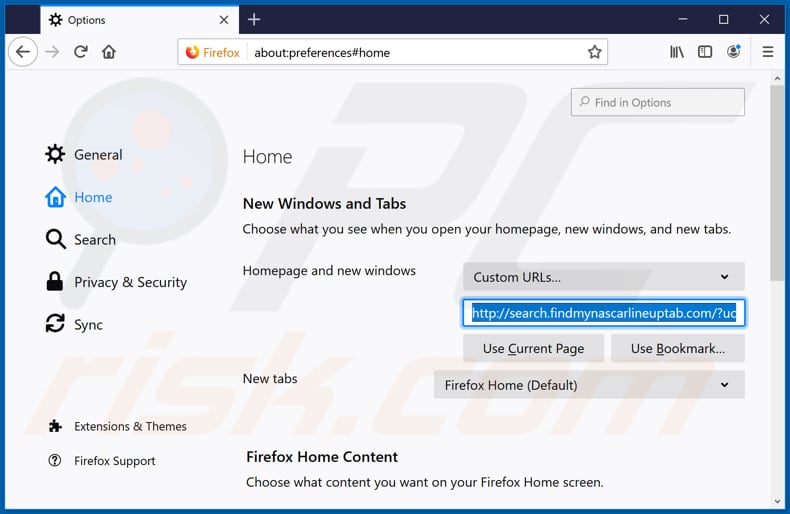 Removing search.findmynascarlineuptab.com from Mozilla Firefox homepage