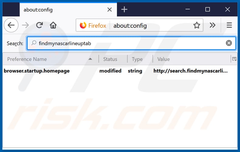 Removing search.findmynascarlineuptab.com from Mozilla Firefox default search engine