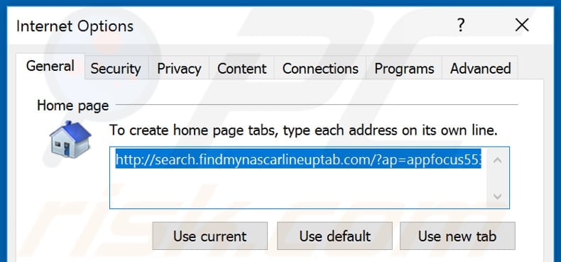 Removing search.findmynascarlineuptab.com from Internet Explorer homepage
