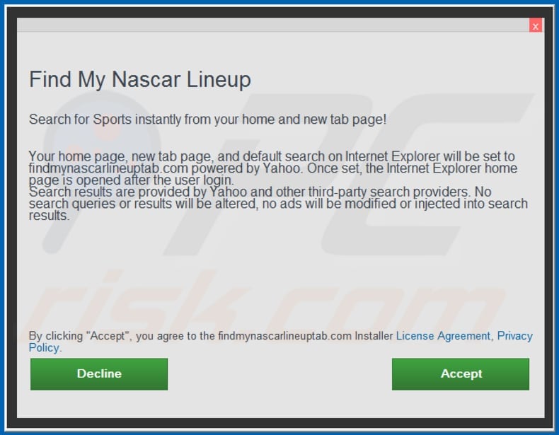 Official Find My Nascar Lineup browser hijacker installation setup