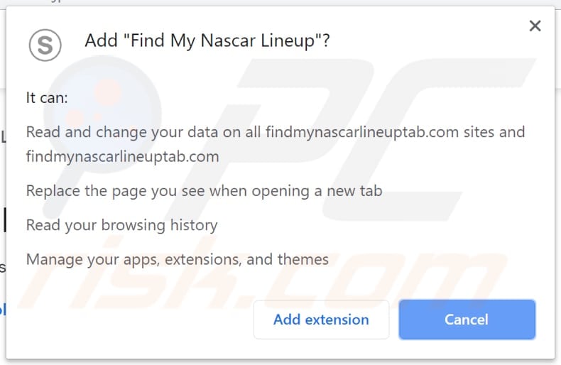 Find My Nascar Lineup asks for a permission to access various data