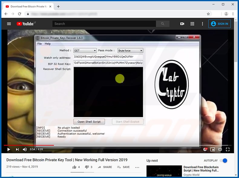 Free Bitcoin Private Key Tool scam promoting YouTube video