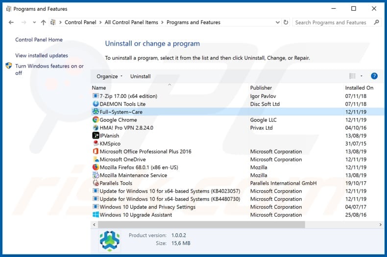 Full System Care adware uninstall via Control Panel