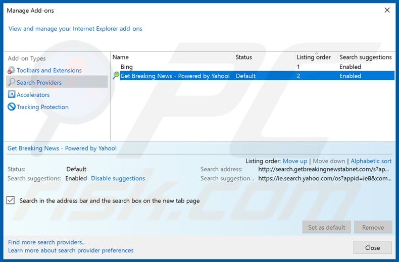 Removing search.getbreakingnewstabnet.com from Internet Explorer default search engine