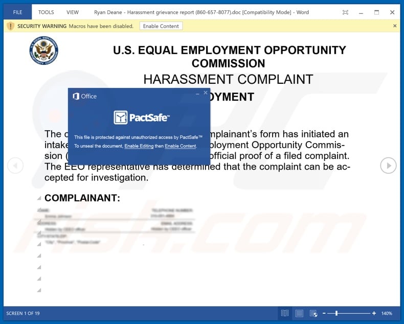 HARASSMENT COMPLAINT email scam