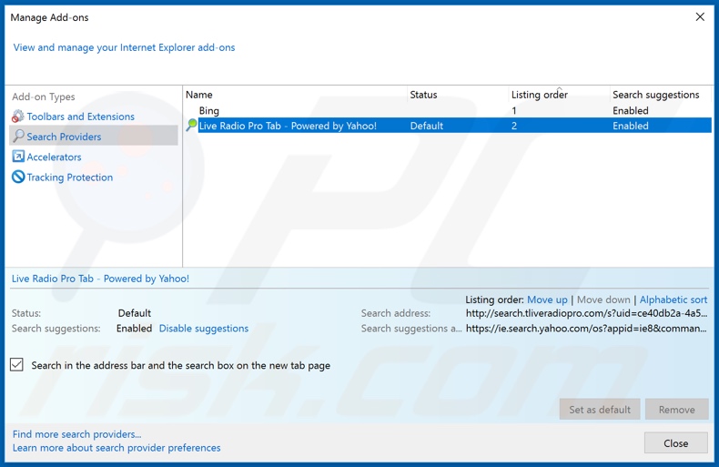 Removing search.tliveradiopro.com from Internet Explorer default search engine
