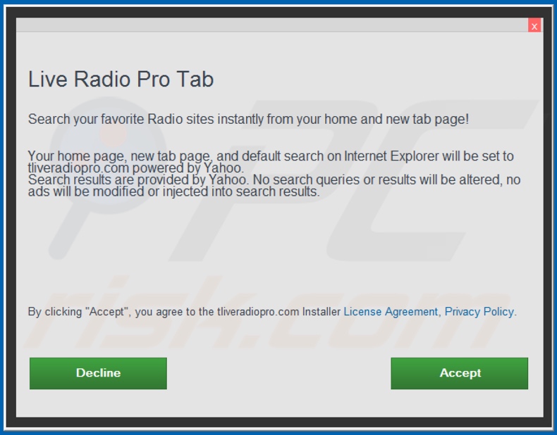 Official Live Radio Pro Tab browser hijacker installation setup
