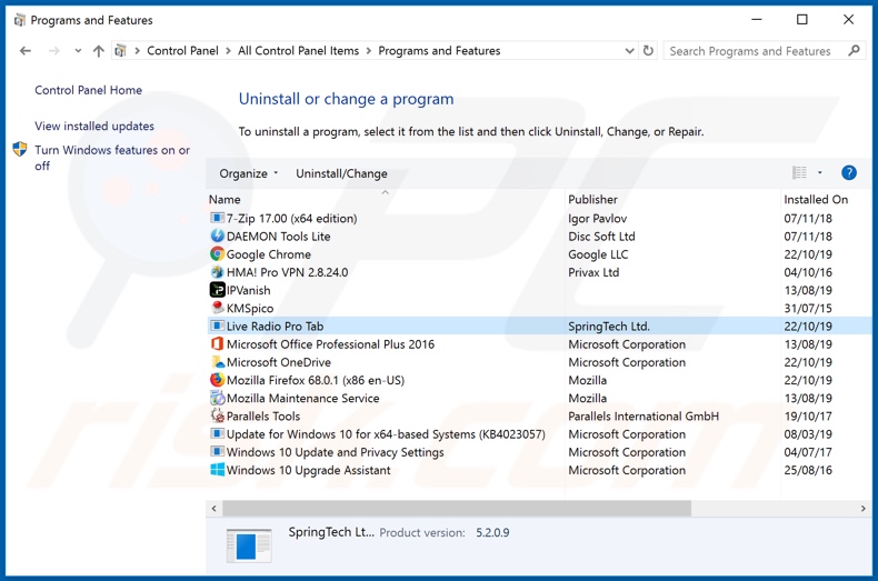 search.tliveradiopro.com browser hijacker uninstall via Control Panel