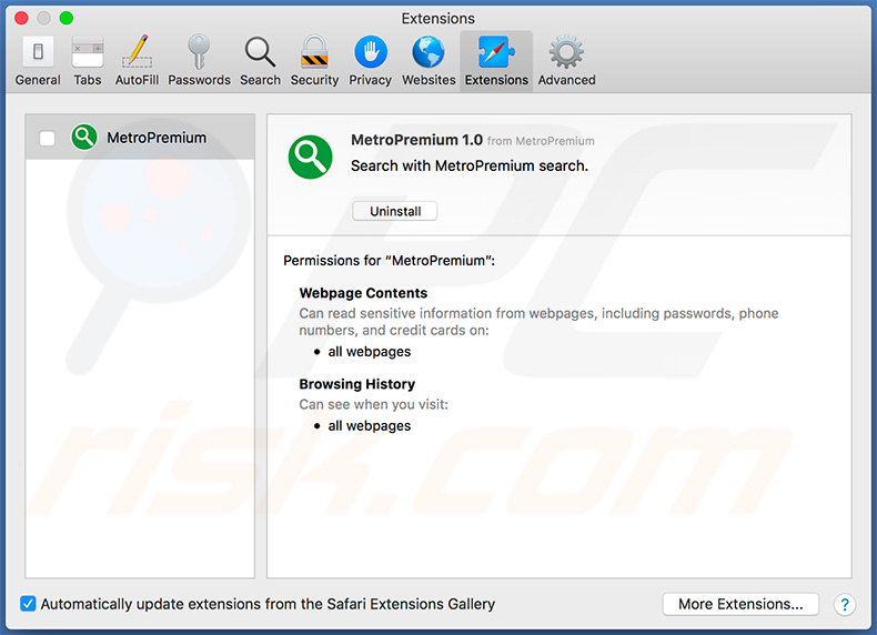MetroPremium adware extension in Safari web browser