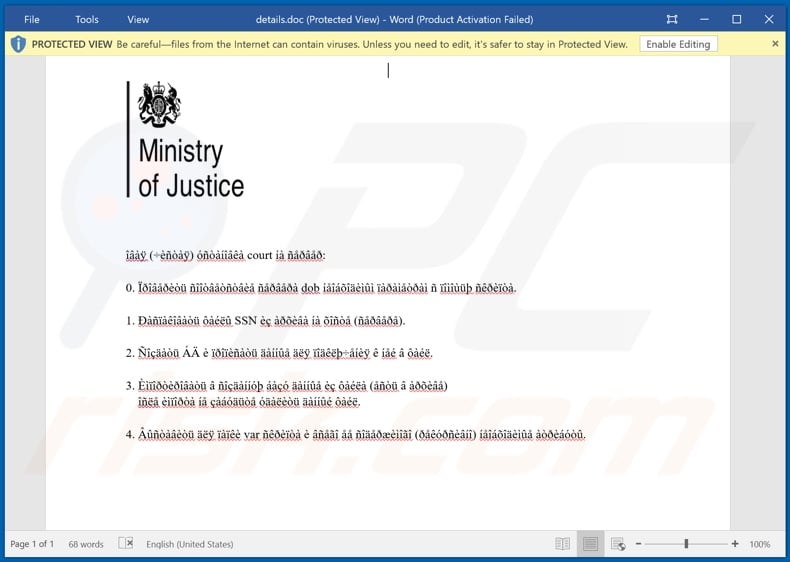 Malicious attachment distributed through Ministry of Justice Email Virus spam campaign