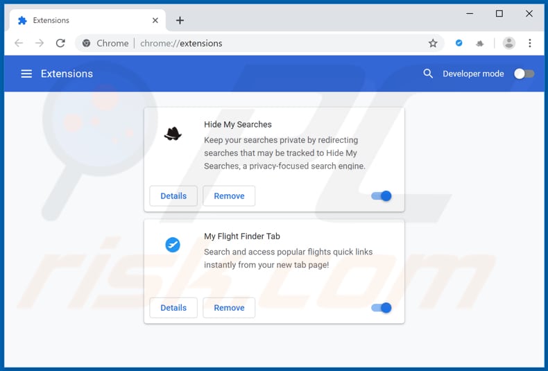 Removing search.hmyflightfinder.net related Google Chrome extensions