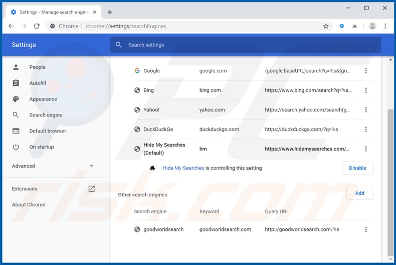 Removing search.hmyflightfinder.net from Google Chrome default search engine