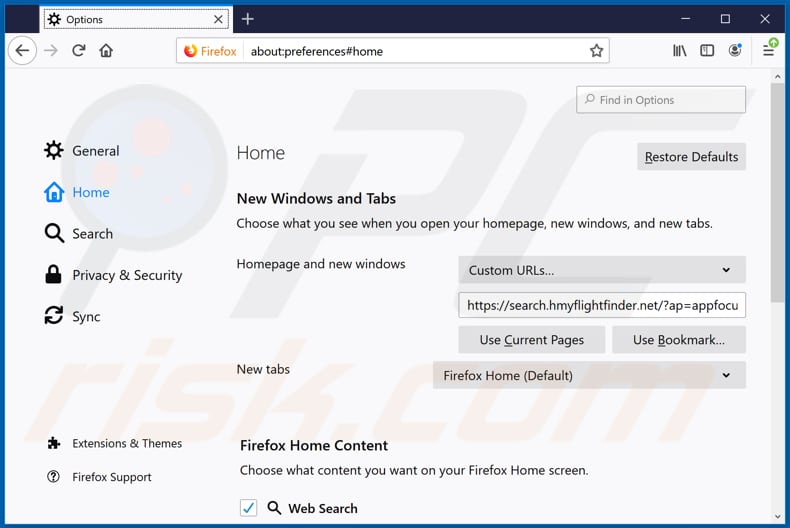 Removing search.hmyflightfinder.net from Mozilla Firefox default search engine
