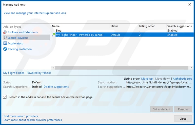 Removing search.hmyflightfinder.net from Internet Explorer default search engine