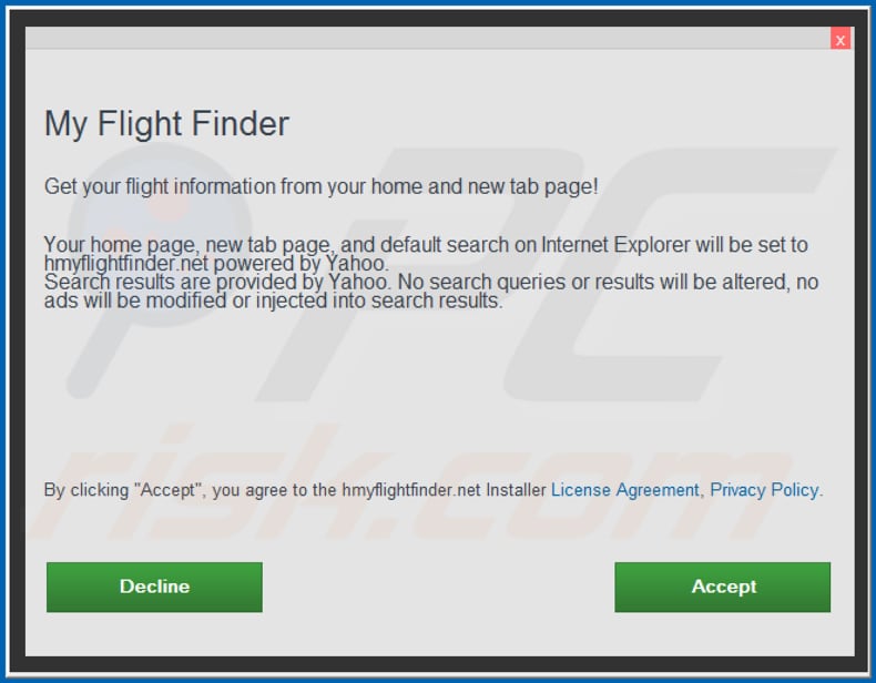 Official My Flight Finder browser hijacker installation setup