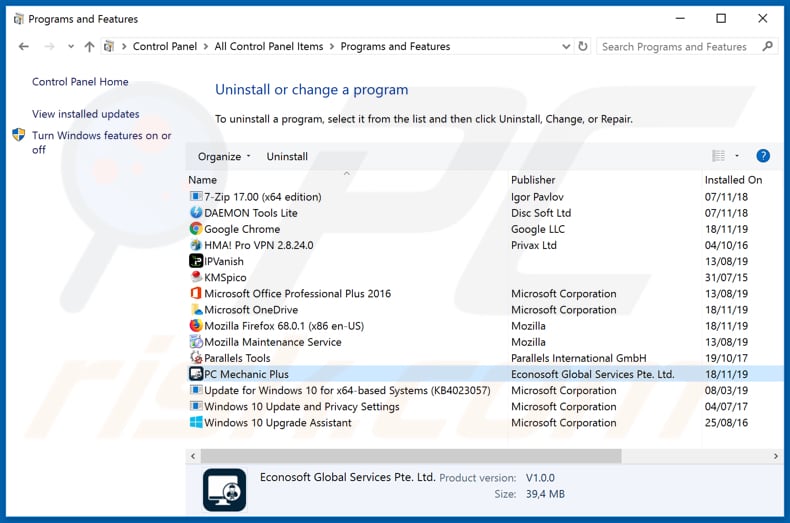 PC Mechanic Plus adware uninstall via Control Panel