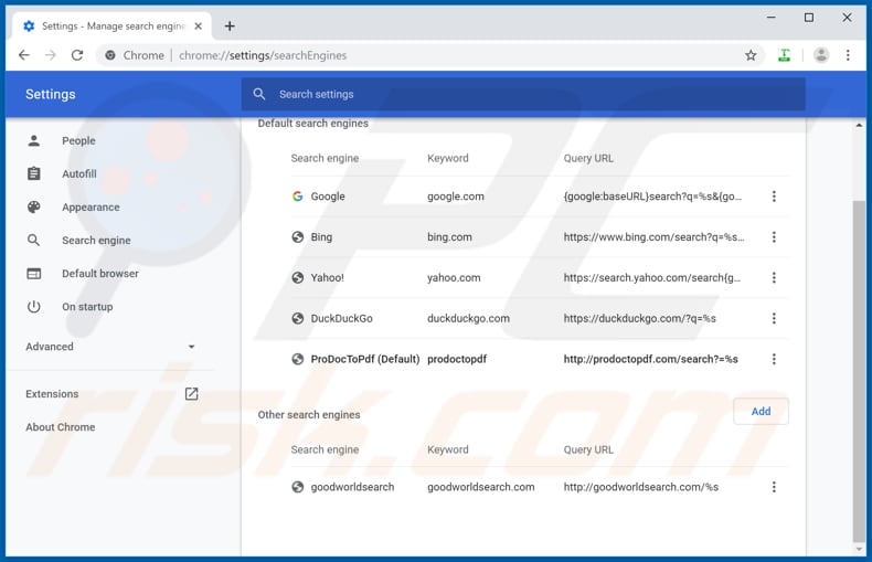 Removing prodoctopdf.com from Google Chrome default search engine