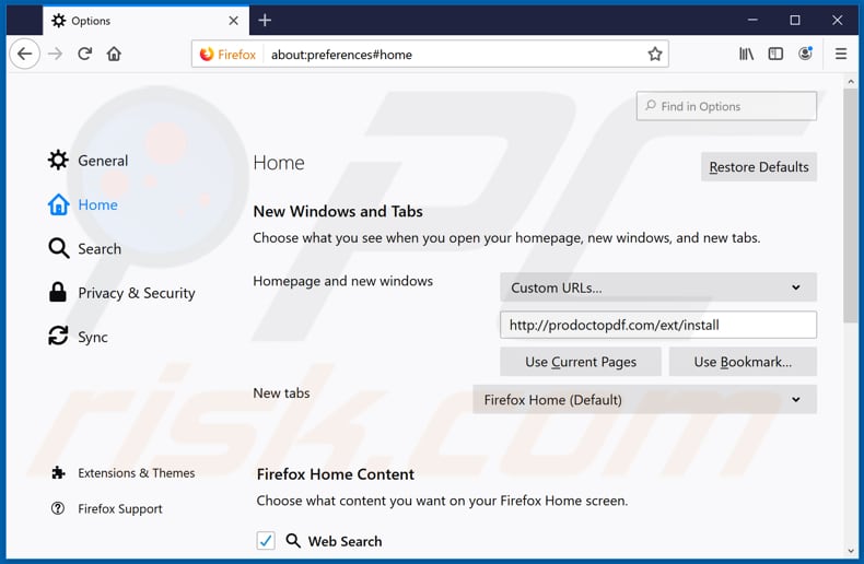 Removing prodoctopdf.com from Mozilla Firefox homepage