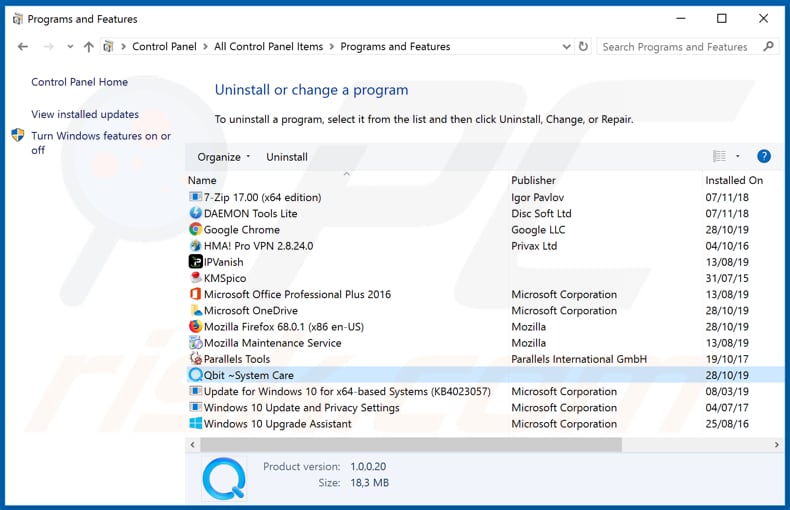 Qbit System Care adware uninstall via Control Panel