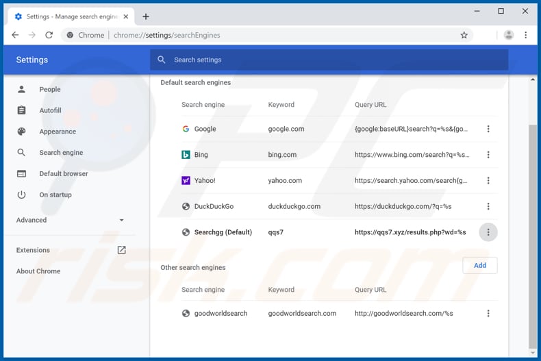 Removing qqs7.xyz from Google Chrome default search engine