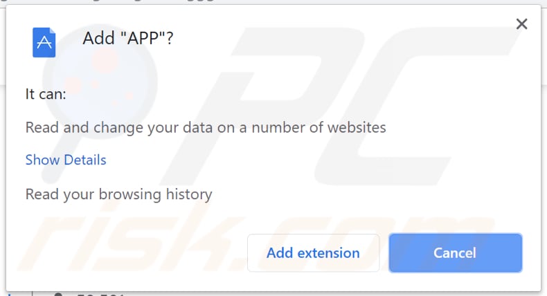 APP browser hijacker asks for a permission to change data on a browser
