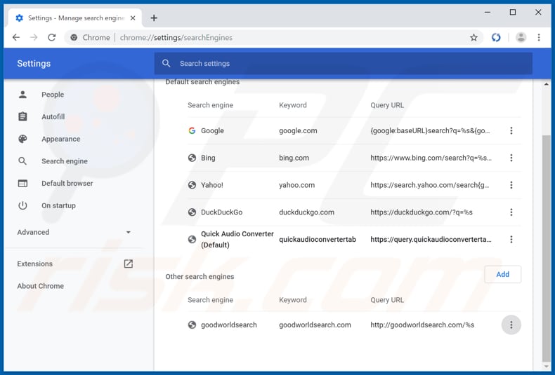 Removing search.quickaudioconvertertab.com from Google Chrome default search engine