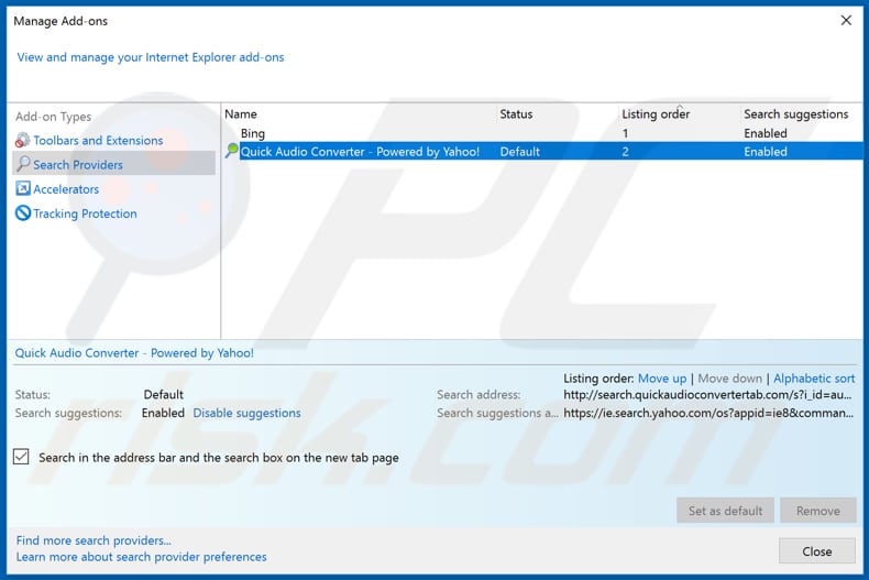 Removing search.quickaudioconvertertab.com from Internet Explorer default search engine