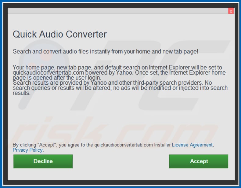 Official Quick Audio Converter browser hijacker installation setup