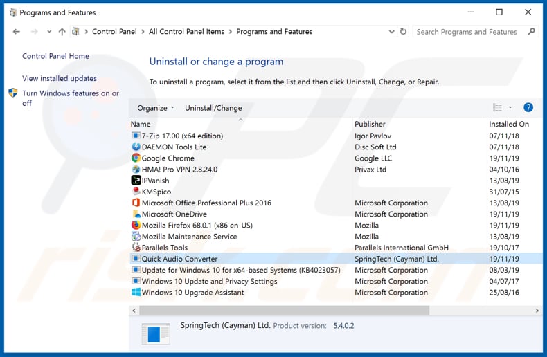 search.quickaudioconvertertab.com browser hijacker uninstall via Control Panel