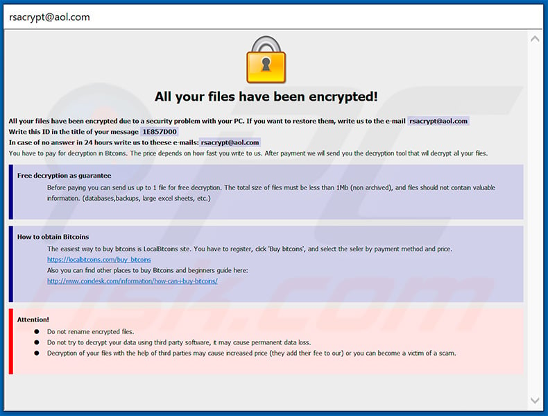 Updated RSA ransomware pop-up window