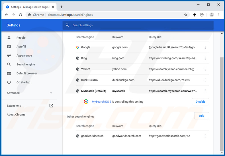 Removing search.mysearch.com from Google Chrome default search engine