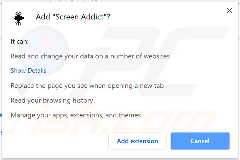 Screen Addict browser hijacker asking for Google Chrome permissions