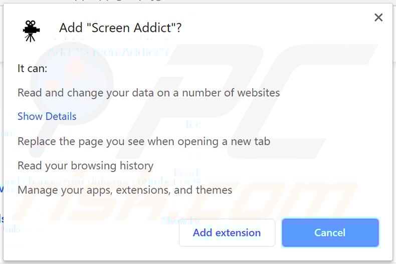 Screen Addict browser hijacker asking for Google Chrome permissions