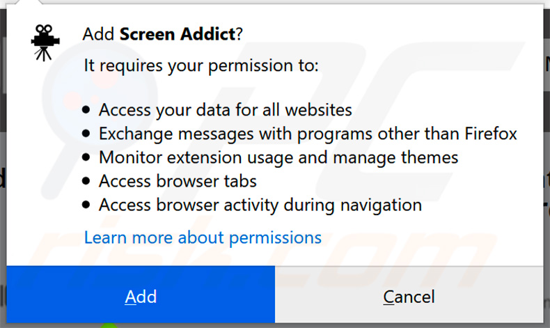 Screen Addict browser hijacker asking for Mozilla Firefox permissions