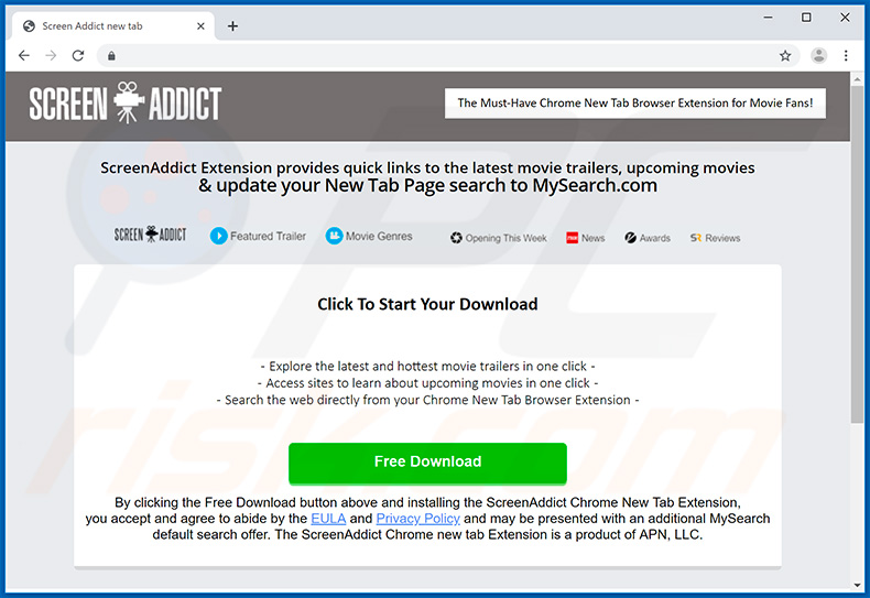 Website used to promote Screen Addict browser hijacker