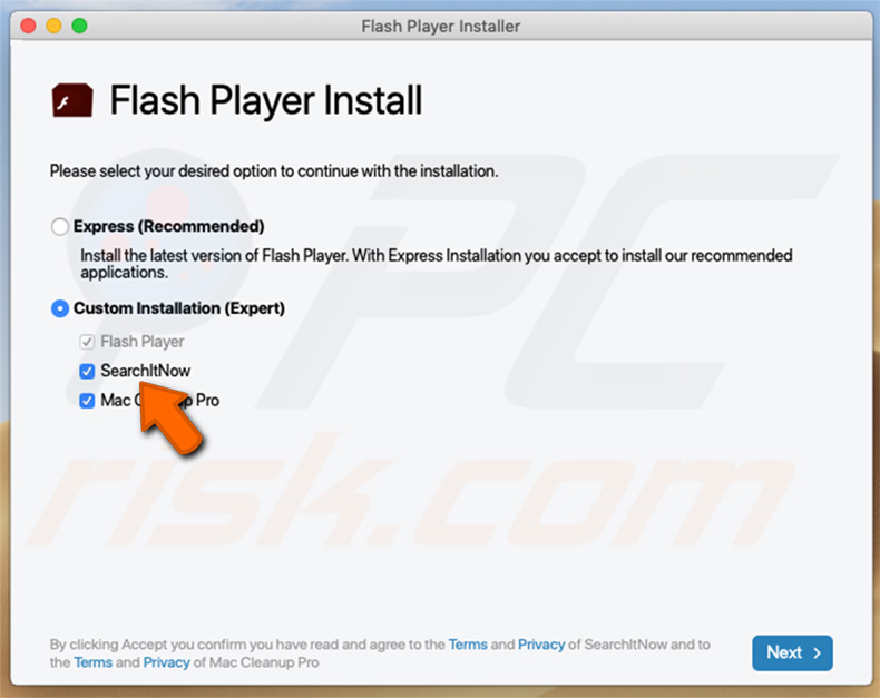 Fake Adobe Flash Player installer promoting SearchItNow browser hijacker